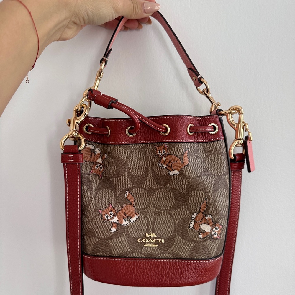 Coach mini Dempsey bucket bag with signature canvas with dancing kitten print